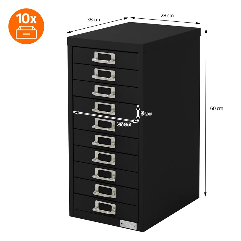 Aktenschrank mit 10 Schubladen 28x38x60 cm Schwarz aus Metall ML-Design