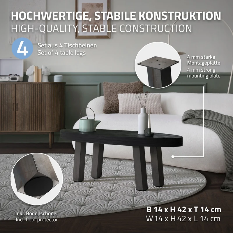 4er Set Tischbeine schräg H42 cm Optik Industrial Stahl Profil 8x8 cm I-Form 96° Neigung ML-Design