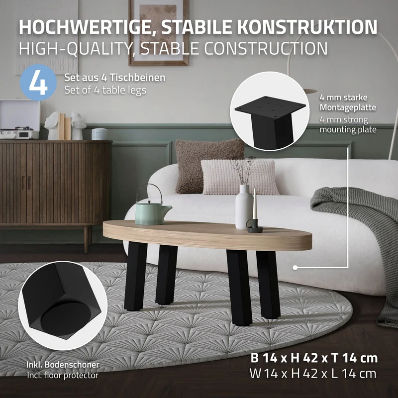 4er Set Tischbeine schräg H42 cm Schwarz glänzend aus Stahl eckig Profil 8x8 cm I-Form 96° Neigung ML-Design