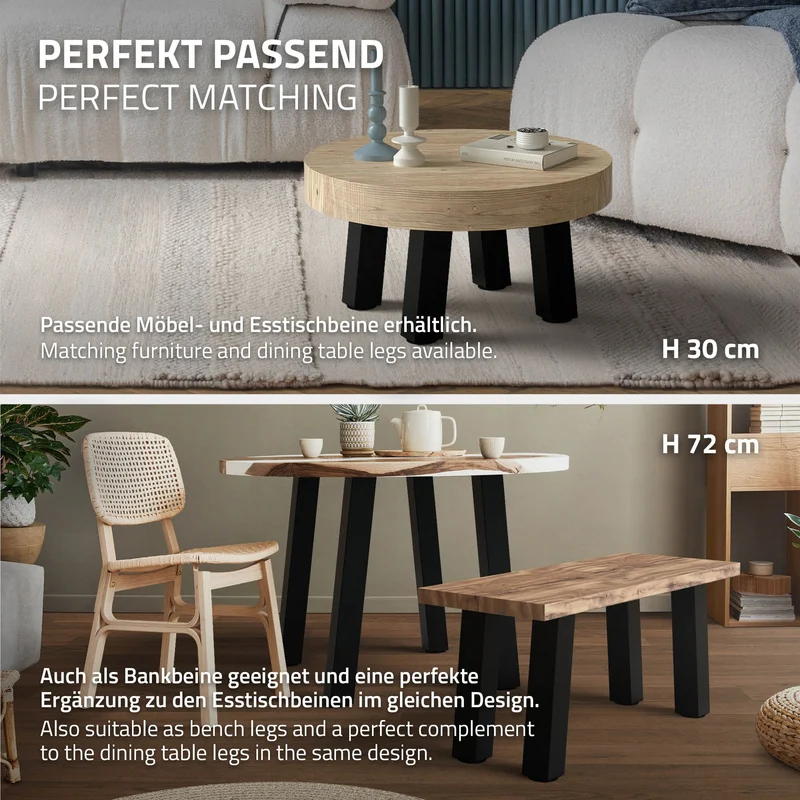 4er Set Tischbeine schräg H42 cm Schwarz glänzend aus Stahl eckig Profil 8x8 cm I-Form 96° Neigung ML-Design