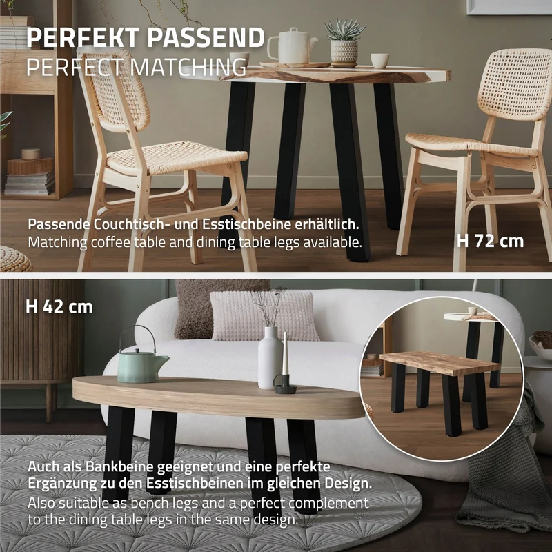 4er Set Tischbeine schräg H30 cm Schwarz glänzend aus Stahl eckig Profil 8x8 cm I-Form Möbelfüße Metall 96° Neigung ML-Design