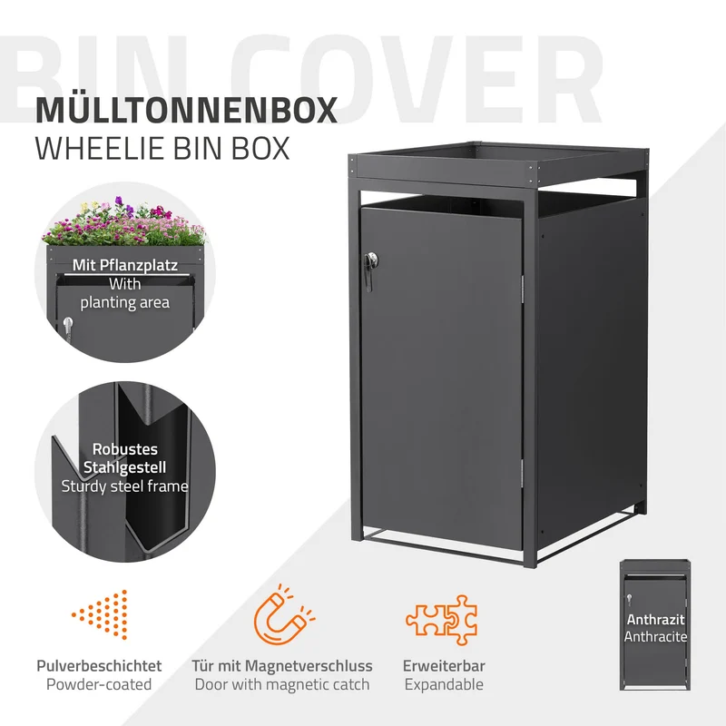 Mülltonnenbox mit Pflanzdach 1er bis 240L 68x80x124 cm aus Stahl in Anthrazit ML-Design