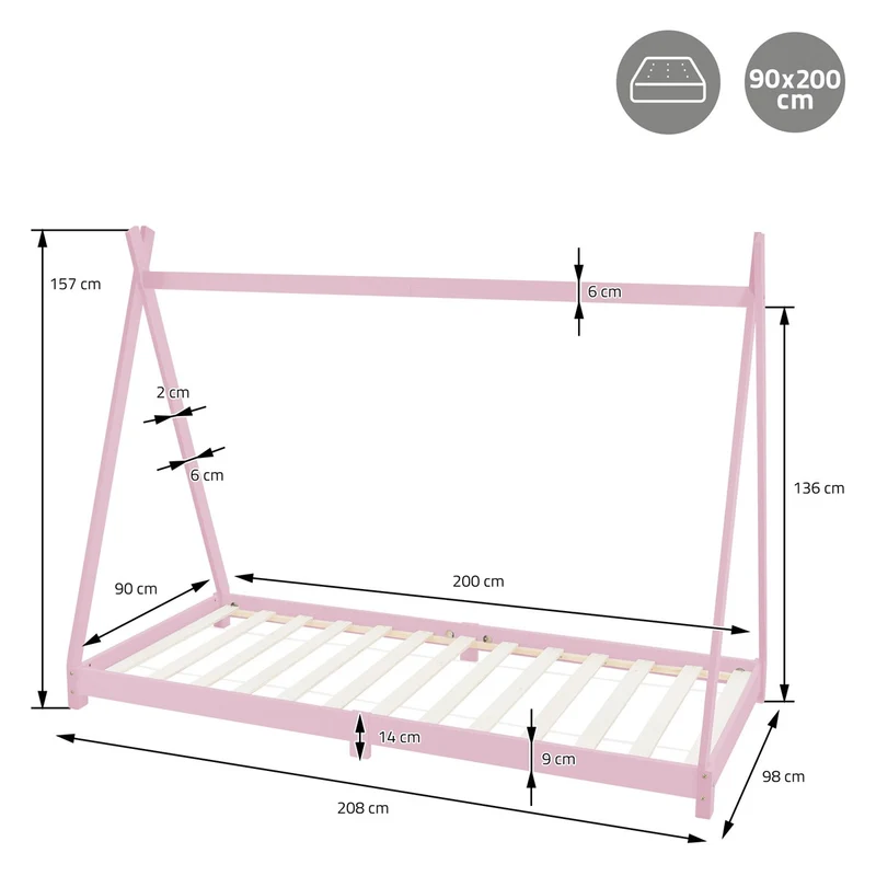Kinderbett Tipi 90x200 cm Rosa aus Kiefernholz inkl. Matratze H-10cm Holzbett mit Lattenrost ML-Design