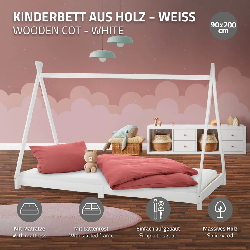 Kinderbett Tipi 90x200 cm Weiß aus Kiefernholz inkl. Matratze H-10cm Holzbett mit Lattenrost ML-Design