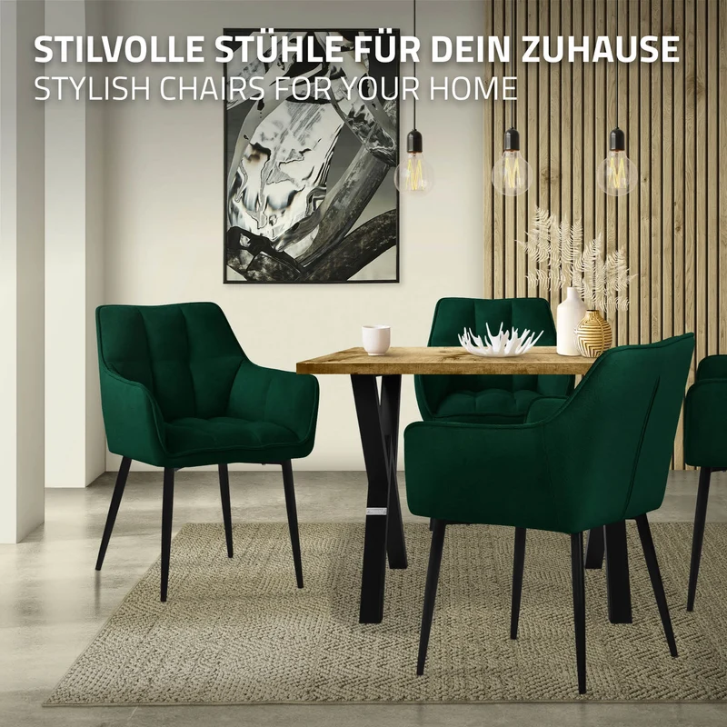 6er Set Esszimmerstuhl Dunkelgrün aus Frotteestoff mit dickem gepolsterter Sitz ML-Design