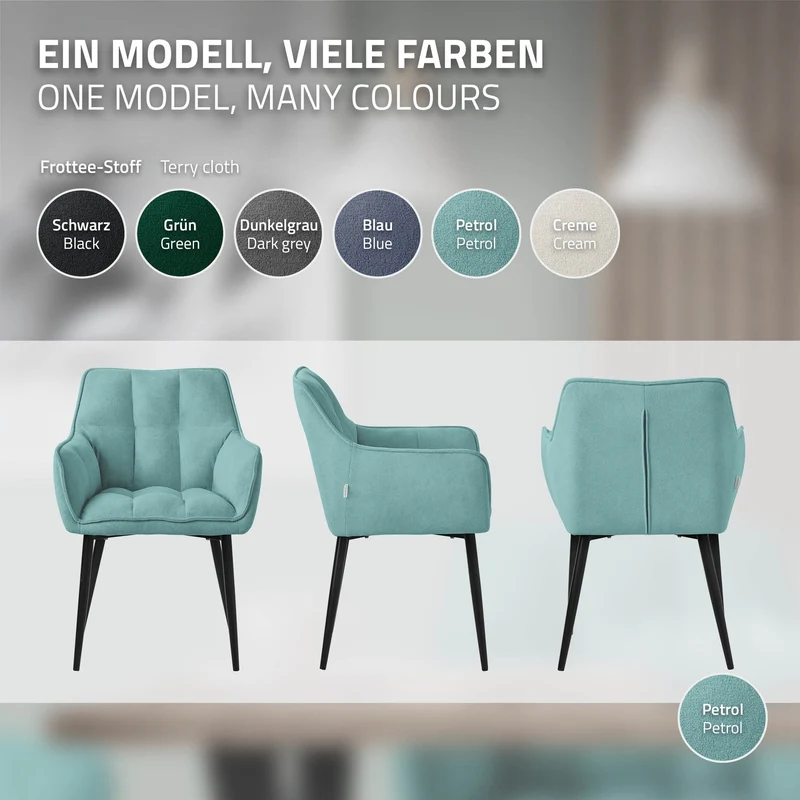 4er Set Esszimmerstuhl Petrol aus Frotteestoff mit dickem gepolsterter Sitz ML-Design