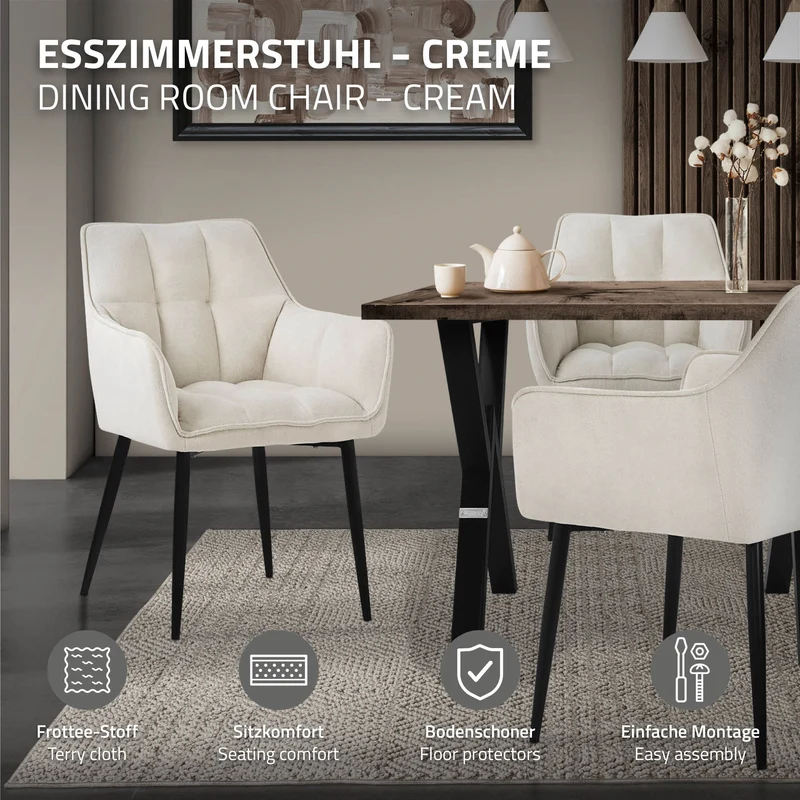 6er Set Esszimmerstuhl Creme aus Frotteestoff mit gepolstertem Sitz ML-Design