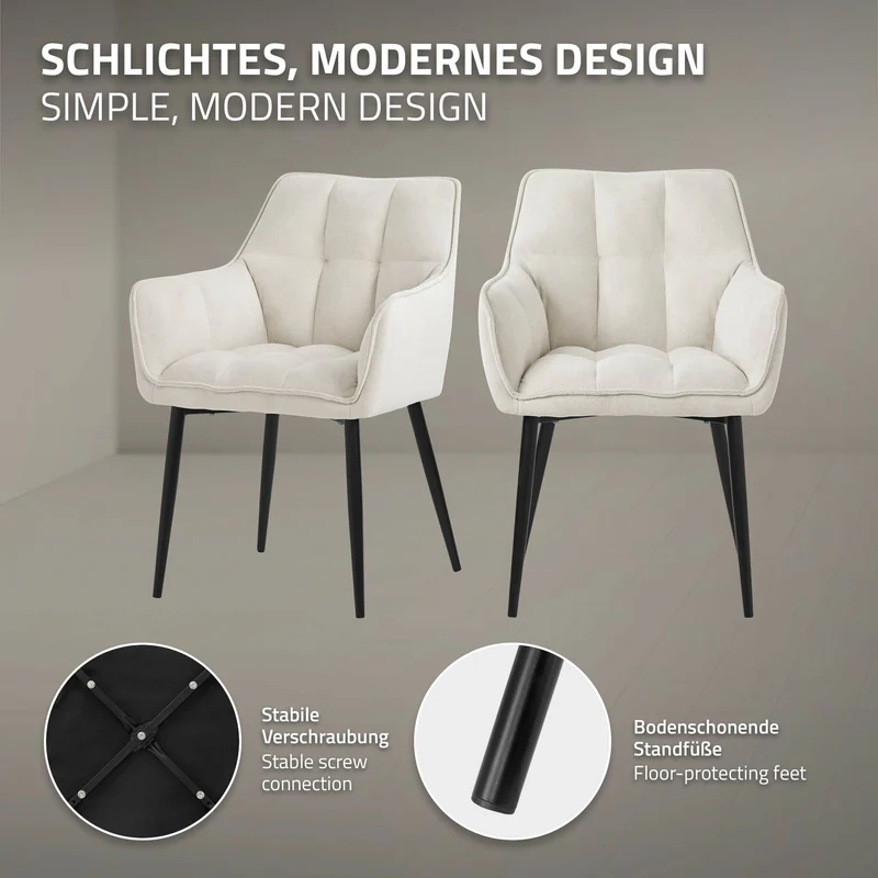 6er Set Esszimmerstuhl Creme aus Frotteestoff mit gepolstertem Sitz ML-Design