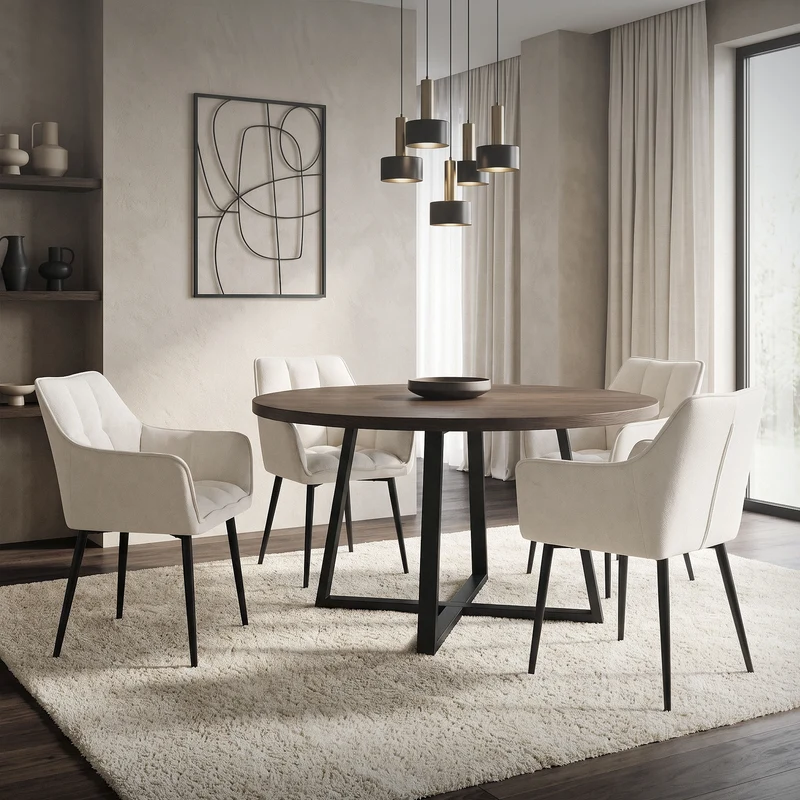 6er Set Esszimmerstuhl Creme aus Frotteestoff mit gepolstertem Sitz ML-Design