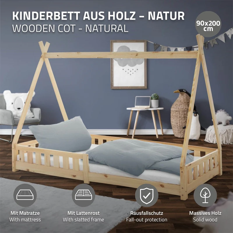 Kinderbett Tipi 90x200 cm aus Kiefernholz inkl. Matratze H-10cm Rausfallschutz und Lattenrost ML-Design