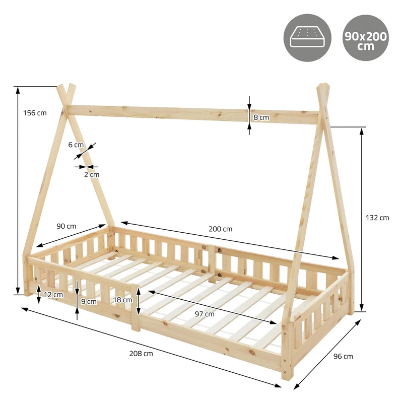 Kinderbett Tipi 90x200 cm aus Kiefernholz inkl. Matratze H-10cm Rausfallschutz und Lattenrost ML-Design