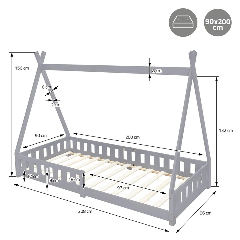 Kinderbett Tipi 90x200 cm Hellgrau aus Kiefernholz inkl. Matratze H-10cm Rausfallschutz und Lattenrost ML-Design