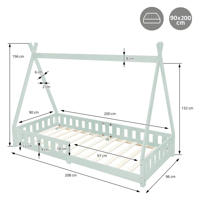 Kinderbett Tipi 90x200 cm Minze aus Kiefernholz inkl. Matratze H-10cm Rausfallschutz und Lattenrost ML-Design