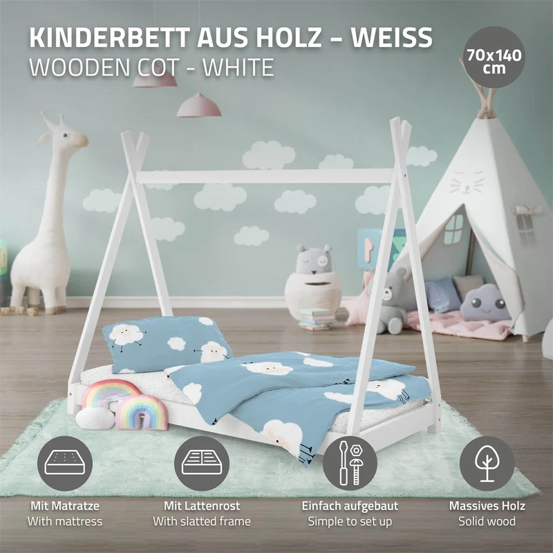 Kinderbett Tipi 70x140 cm Weiß aus Kiefernholz inkl. Matratze H-10cm Holzbett mit Lattenrost ML-Design