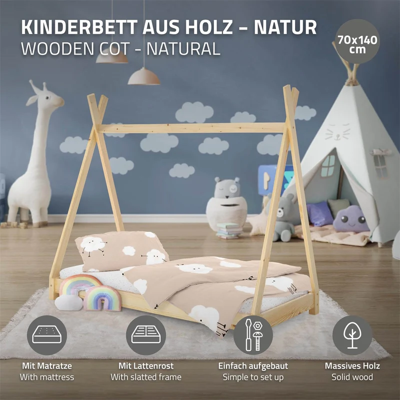 Kinderbett Tipi 70x140 cm aus Kiefernholz inkl. Matratze H-10cm Holzbett mit Lattenrost ML-Design