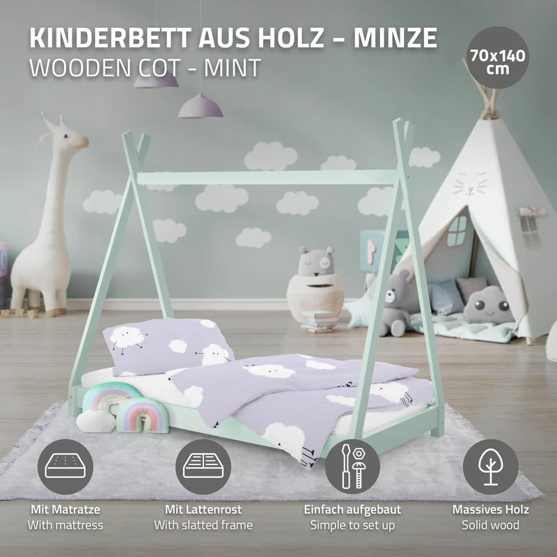Kinderbett Tipi 70x140 cm Minze aus Kiefernholz inkl. Matratze H-10cm Holzbett mit Lattenrost ML-Design