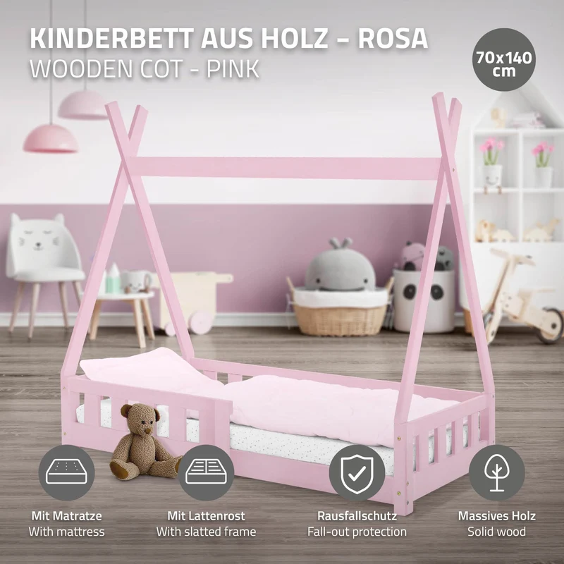 Kinderbett Tipi 70x140 cm Rosa aus Kiefernholz inkl. Matratze H-10cm Rausfallschutz und Lattenrost ML-Design