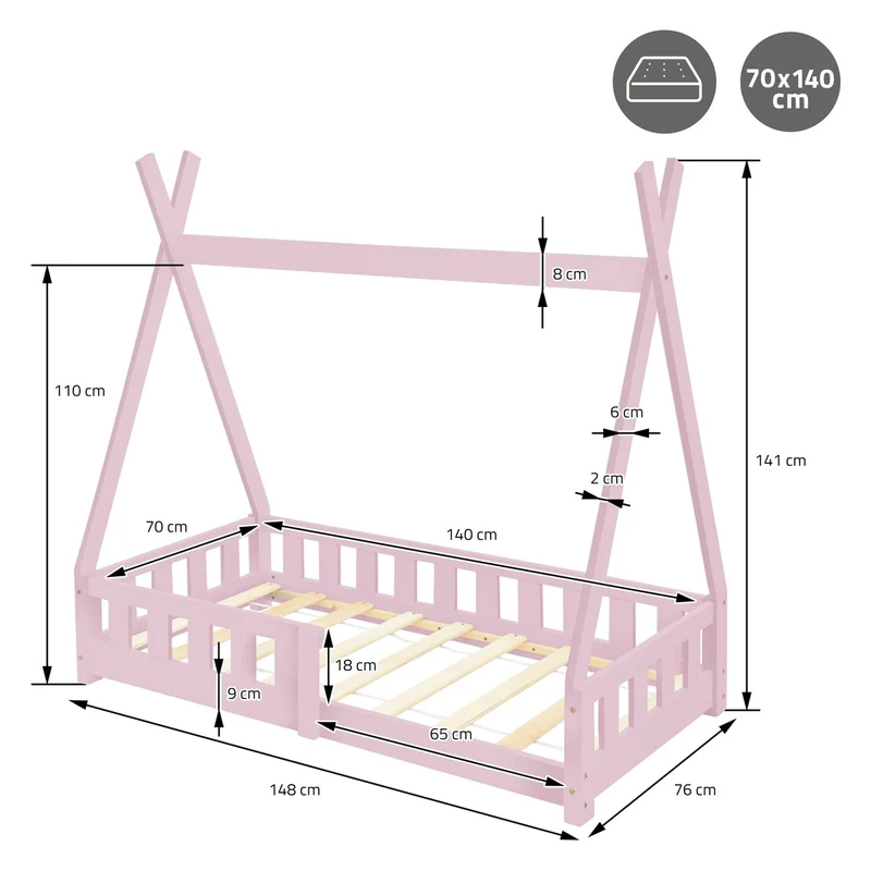 Kinderbett Tipi 70x140 cm Rosa aus Kiefernholz inkl. Matratze H-10cm Rausfallschutz und Lattenrost ML-Design