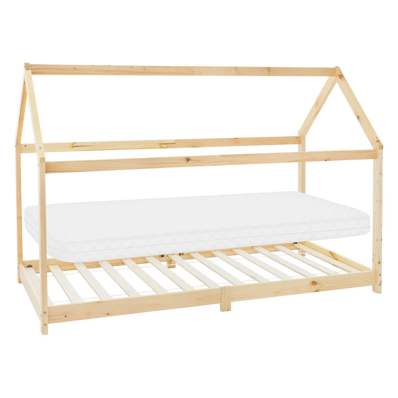 Kinderbett Hausbett 90x200 cm aus Kiefernholz inkl. Matratze H-10cm Holzbett mit Dach und Lattenrost ML-Design