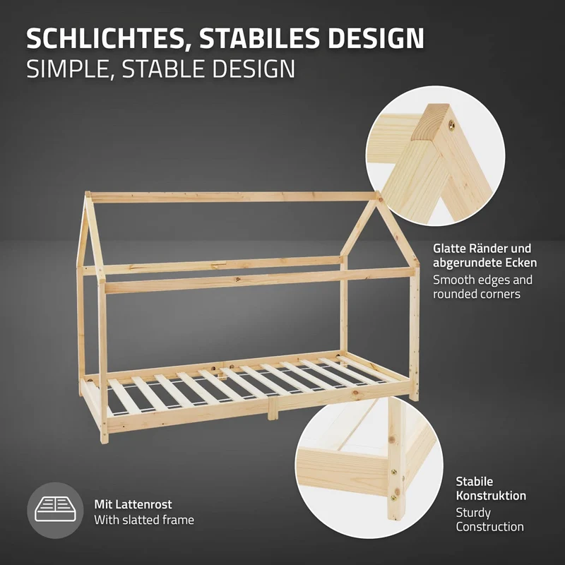 Kinderbett Hausbett 90x200 cm aus Kiefernholz inkl. Matratze H-10cm Holzbett mit Dach und Lattenrost ML-Design