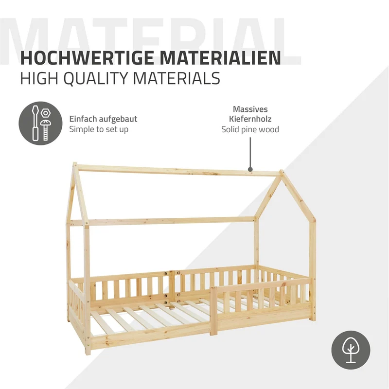Kinderbett Hausbett 90x200 cm aus Kiefernholz inkl. Matratze H-10cm Rausfallschutz Dach und Lattenrost ML-Design