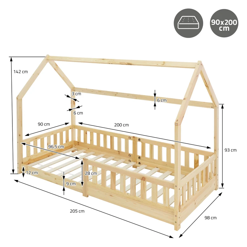 Kinderbett Hausbett 90x200 cm aus Kiefernholz inkl. Matratze H-10cm Rausfallschutz Dach und Lattenrost ML-Design