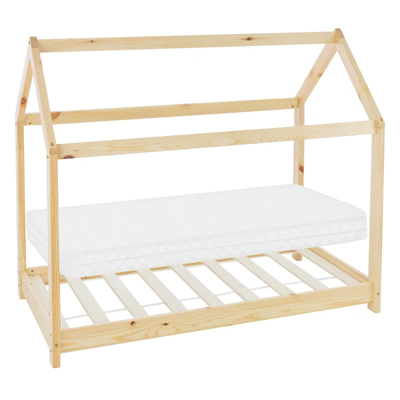 Kinderbett Hausbett 70x140 cm aus Kiefernholz inkl. Matratze H-10cm Holzbett mit Dach und Lattenrost ML-Design