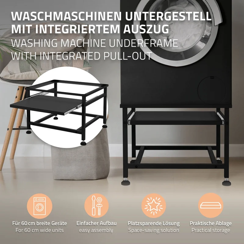 Waschmaschinen Untergestell Unterschrank 62,5x50,1x40,5 cm mit ausziehbarer Ablage in Schwarz ML-Design
