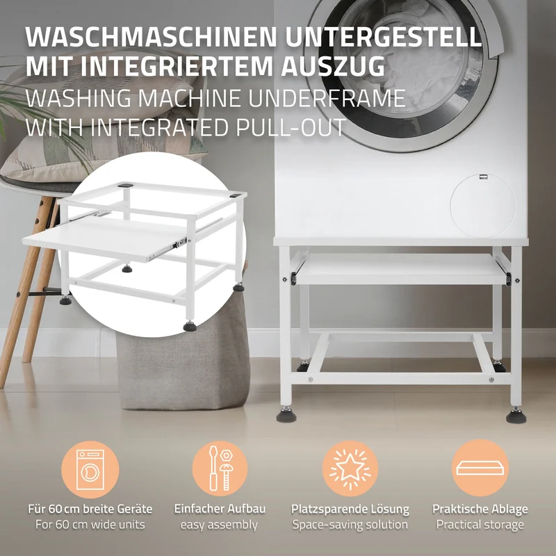 Waschmaschinen Untergestell Unterschrank 62,5x50,1x40,5 cm mit ausziehbarer Ablage in Weiß ML-Design