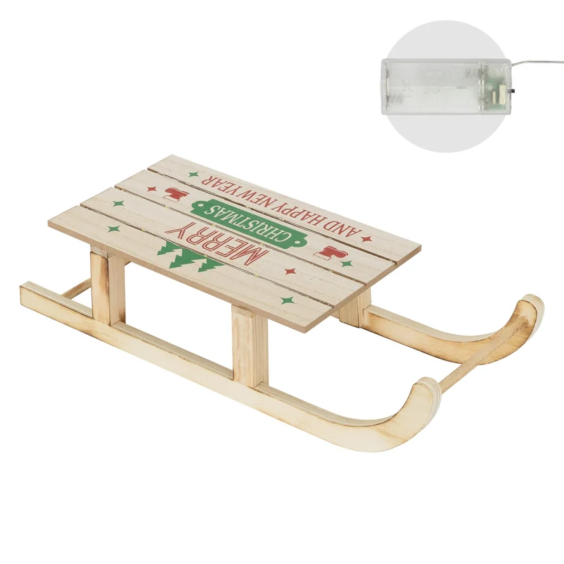 Deko Schlitten aus Holz mit warmweißen LED mit Timer 42x16x9,5 cm Braun Weihnachtsschlitten