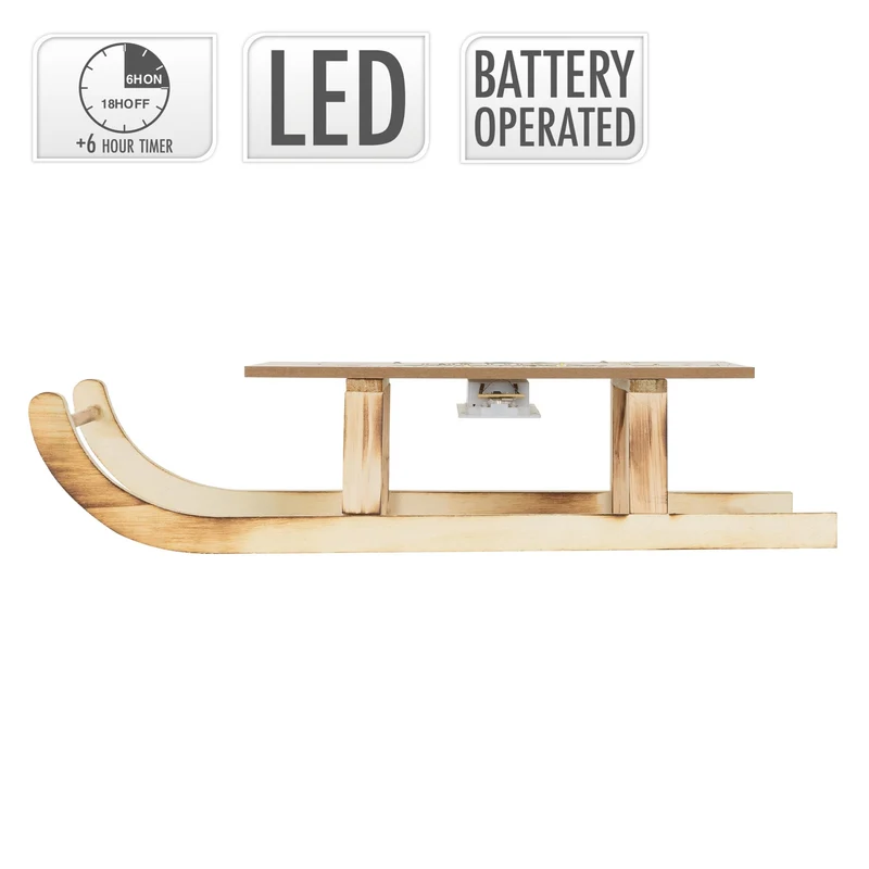 Deko Schlitten aus Holz mit warmweißen LED mit Timer 42x16x9,5 cm Braun Weihnachtsschlitten