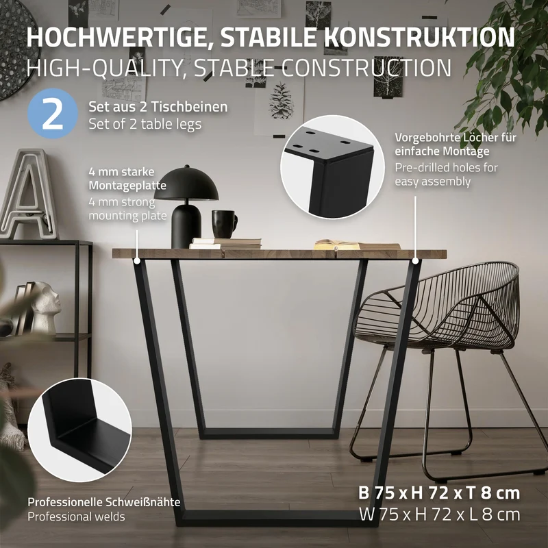 Tischbeine Tischgestell 2er Set V-Design 75 x 72 cm Schwarz matt aus Stahl ML-Design