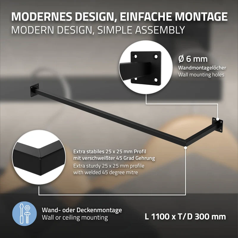 2er Set Kleiderstange Garderobe Wandmontage 30 x 110 cm Schwarz aus Stahl ML-Design