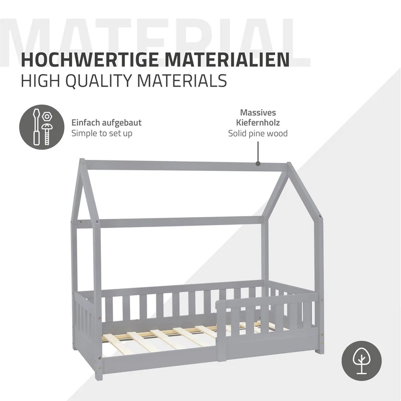 Kinderbett Hausbett 70x140 cm Hellgrau aus Kiefernholz inkl. Matratze H-10cm Rausfallschutz Dach und Lattenrost ML-Design