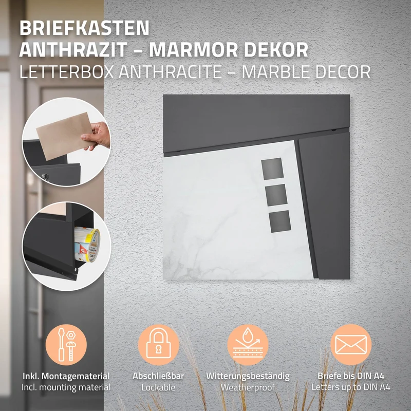 Standbriefkasten mit Zeitungsfach 37x36,5x11 cm Anthrazit/Weiß-Marmoroptik aus Stahl ML-Design, Modernes Asymetrisches Design, Standhöhe 120 cm Anthrazit