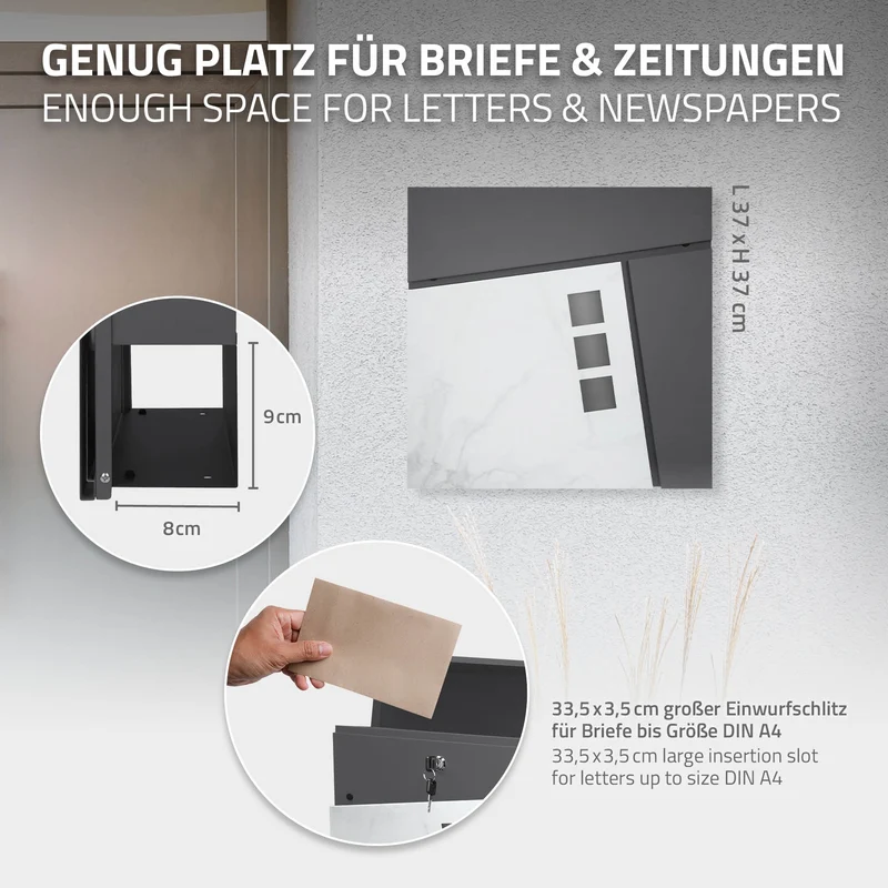 Standbriefkasten mit Zeitungsfach 37x36,5x11 cm Anthrazit/Weiß-Marmoroptik aus Stahl ML-Design, Modernes Asymetrisches Design, Standhöhe 120 cm Anthrazit