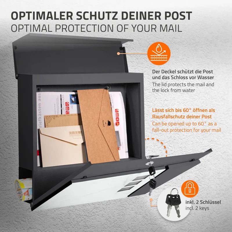 Standbriefkasten mit Zeitungsfach 37x36,5x11 cm Anthrazit/Weiß-Marmoroptik aus Stahl ML-Design, Modernes Asymetrisches Design, Standhöhe 120cm Anthrazit Doppelfuß