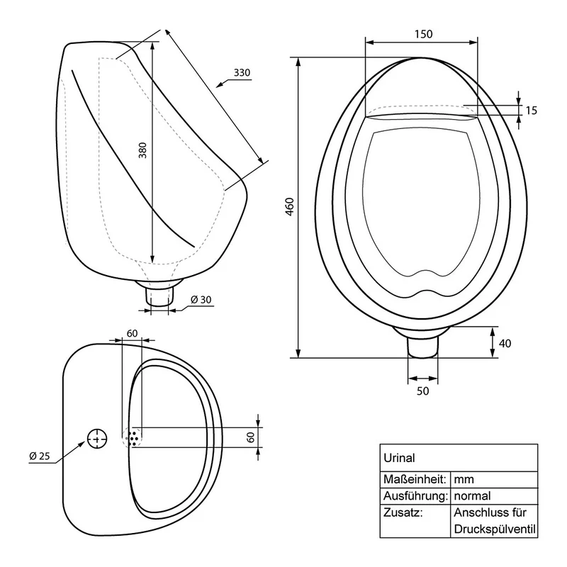 Urinal Pissoir aus Keramik mit Zulauf von Hinten inkl. Absaug Siphon Luxebath