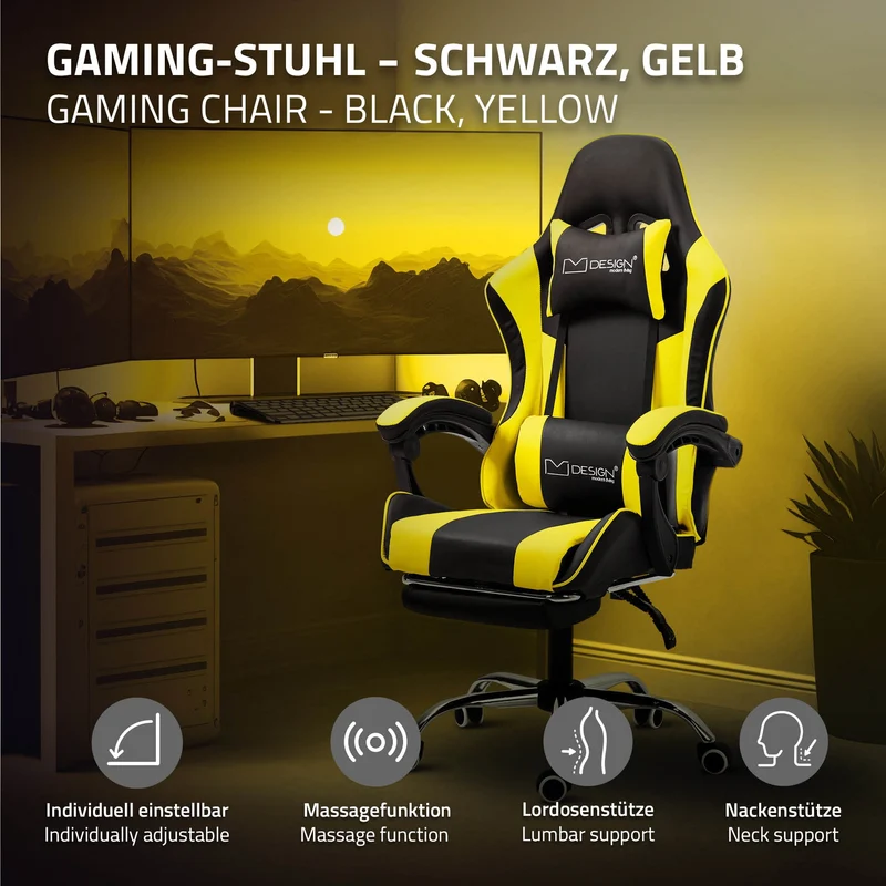 Massage Gaming Stuhl Schwarz/Gelb aus PU-Leder ML-Design