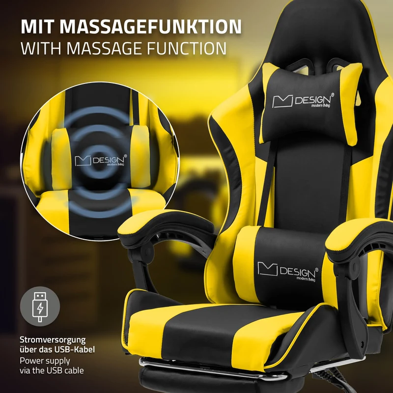 Massage Gaming Stuhl Schwarz/Gelb aus PU-Leder ML-Design