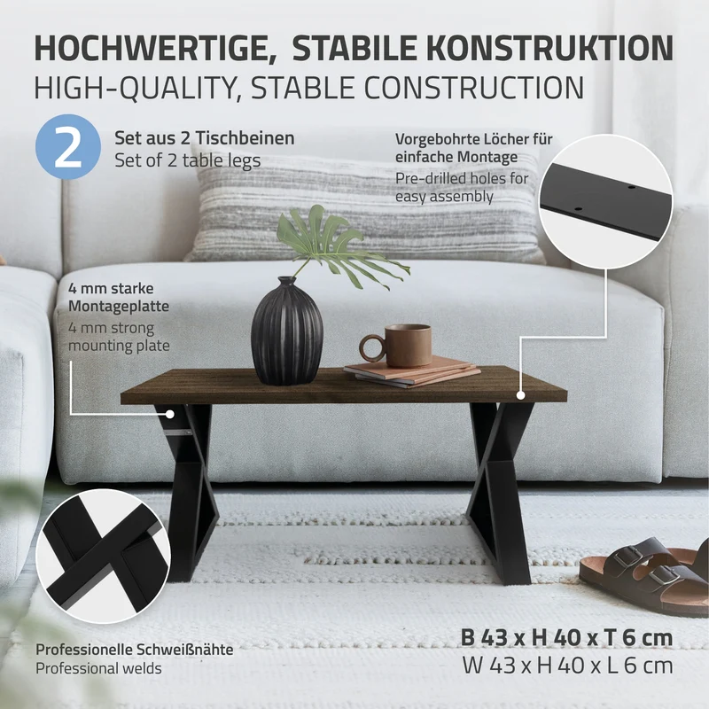 2 Stück Tischbeine Bankkufen B43xH40 cm Tischkufen X-Form aus Stahl pulverbeschichtet Schwarz ML-Design