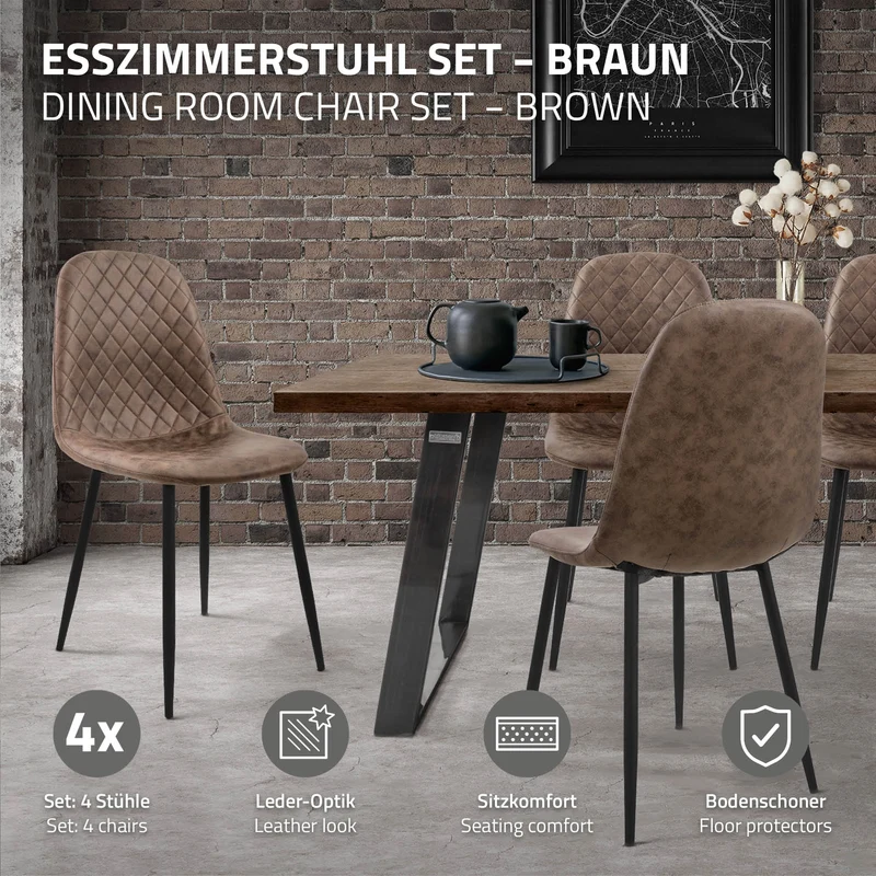 Esszimmerstuhl 4er Set mit Rückenehne Braun Küchenstuhl mit Kunstleder Bezug ML-Design