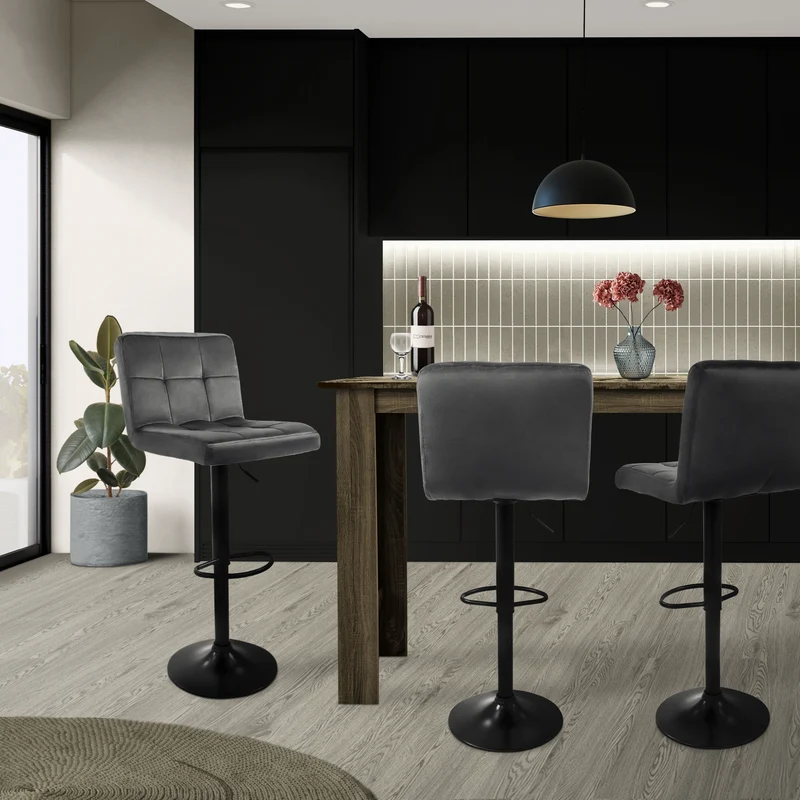 Barhocker 2er Set Grau Samtbezug mit Rückenlehne und Fußstütze höhenverstellbar 63-83cm ML-Design