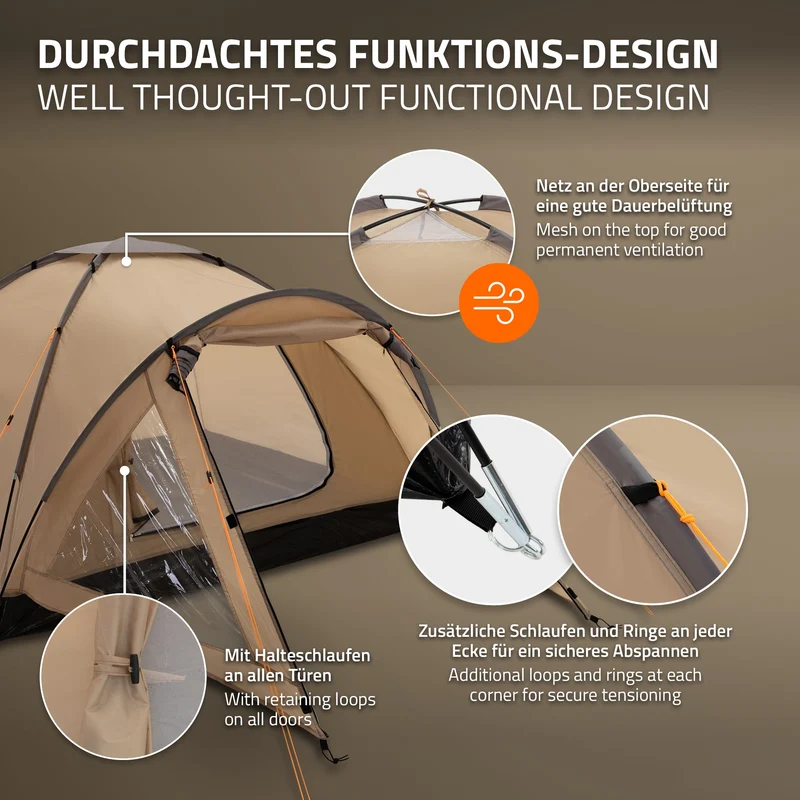 Camping Zelt für 2-3 Personen 210x180x120 cm Beige-Grau Kuppelzelt Iglu-Zelt mit verschließbarem Vorraum