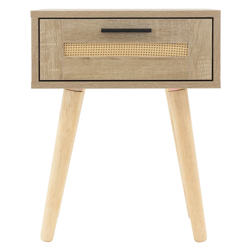 Nachttisch 2er Set 40x50,5x30 cm Eiche-Optik Beistelltisch mit Rattanfront & Massivholzfüßen ML-Design