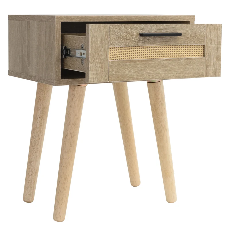 Nachttisch 2er Set 40x50,5x30 cm Eiche-Optik Beistelltisch mit Rattanfront & Massivholzfüßen ML-Design