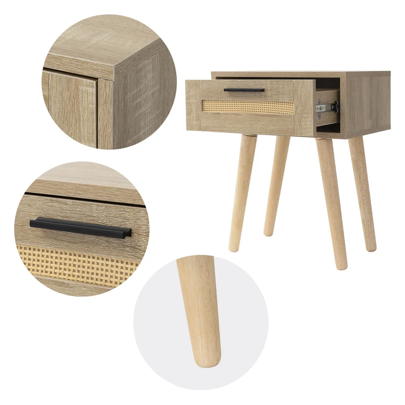 Nachttisch 2er Set 40x50,5x30 cm Eiche-Optik Beistelltisch mit Rattanfront & Massivholzfüßen ML-Design