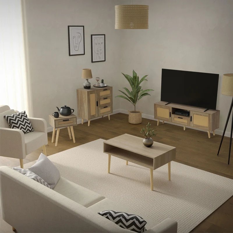 Nachttisch 2er Set 40x50,5x30 cm Eiche-Optik Beistelltisch mit Rattanfront & Massivholzfüßen ML-Design