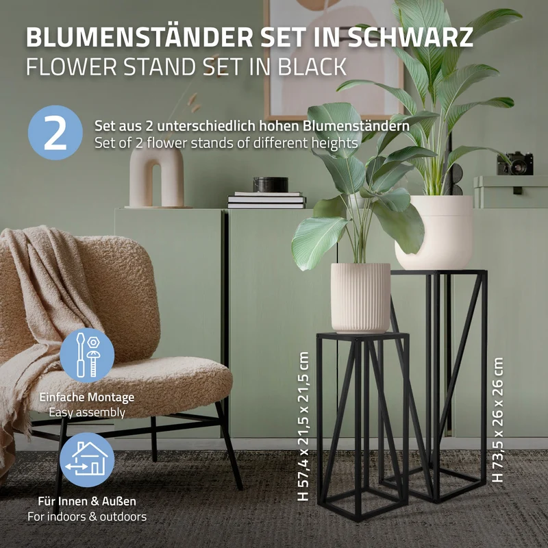 2er Set Blumenständer 21,5x21,5x57,4/26x26x73,5 cm Schwarz aus Stahl ML-Design