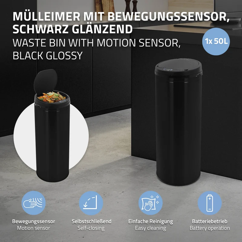 Mülleimer mit Sensor 50L Schwarz aus Edelstahl gebürstet ML-Design
